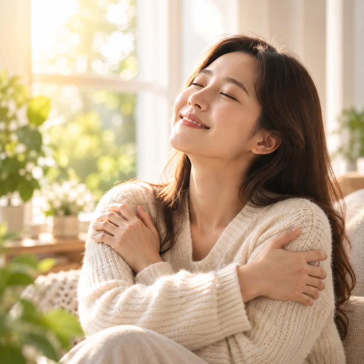 따뜻한 햇살 아래 자신을 포근하게 안아주는 여성